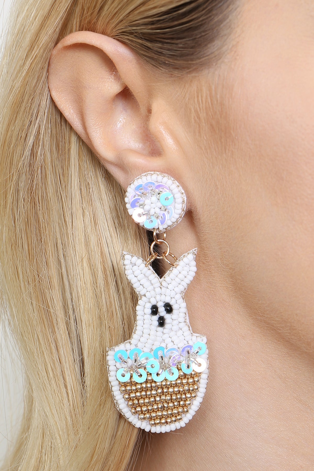 Easter-themed Rabbit Basket Design Seed Bead Drop Earrings in White and Multicolor - Set of Six Pieces