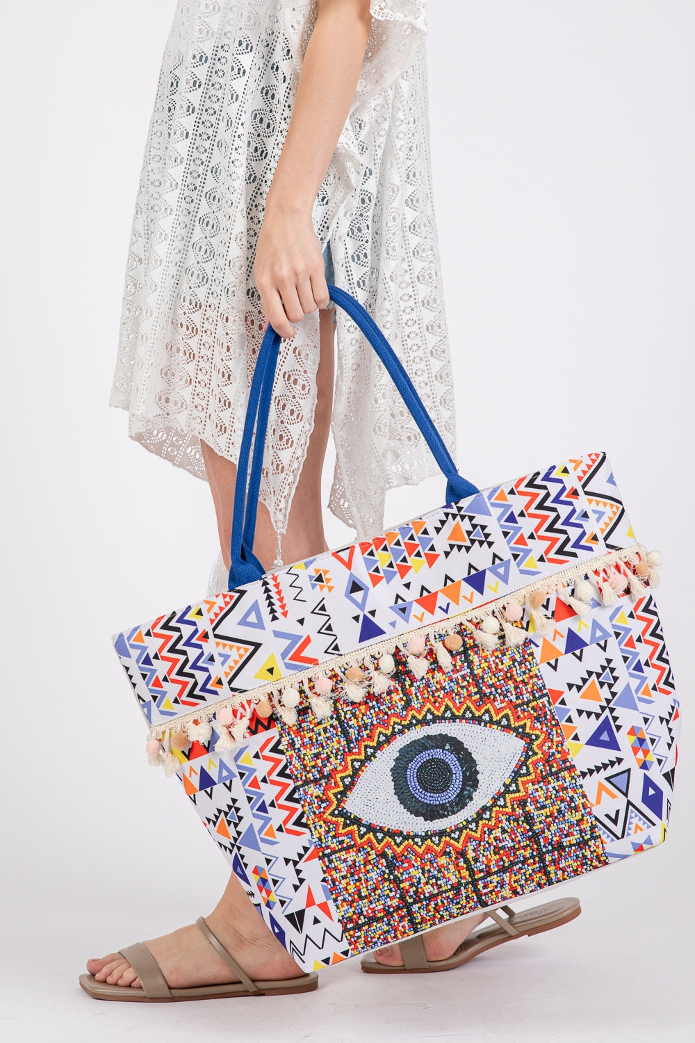Blue Evil Eye Bohemian Print Pom Pom Fringe Tote Bag with Zipper Closure and Inner Pocket - Set of 6 Pieces