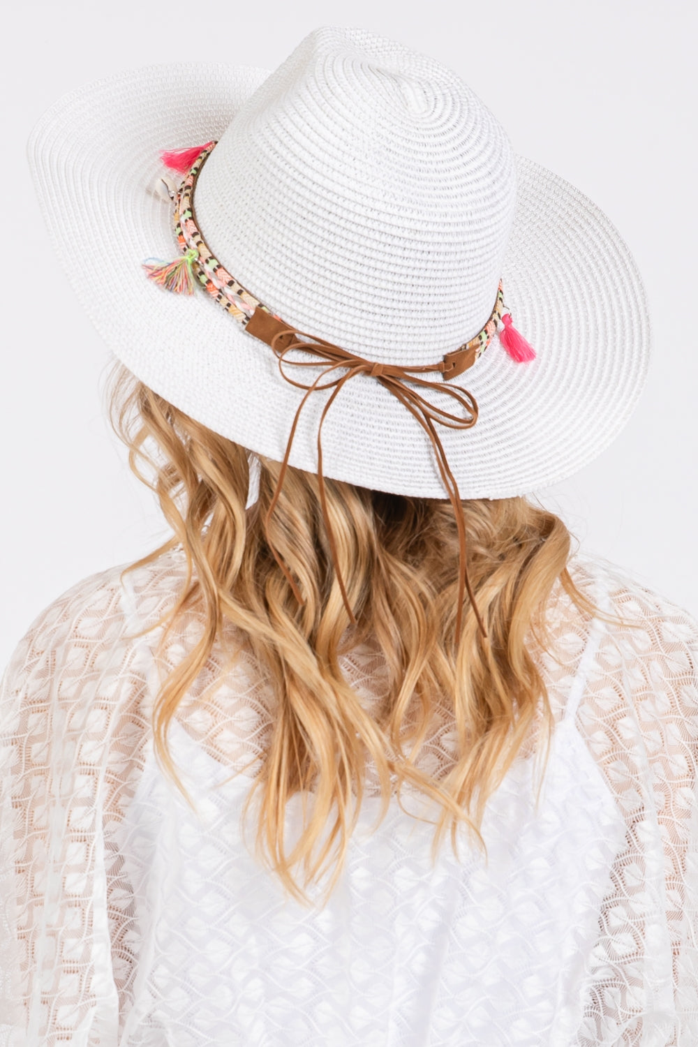 Bohemian Tassel Trimmed Straw Sun Hats in White - Set of Six