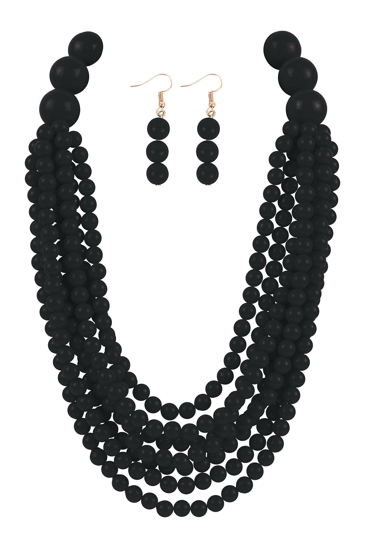 Stylish Black Round Bead Layered Statement Necklace and Earring Set - Pack of Six Pieces