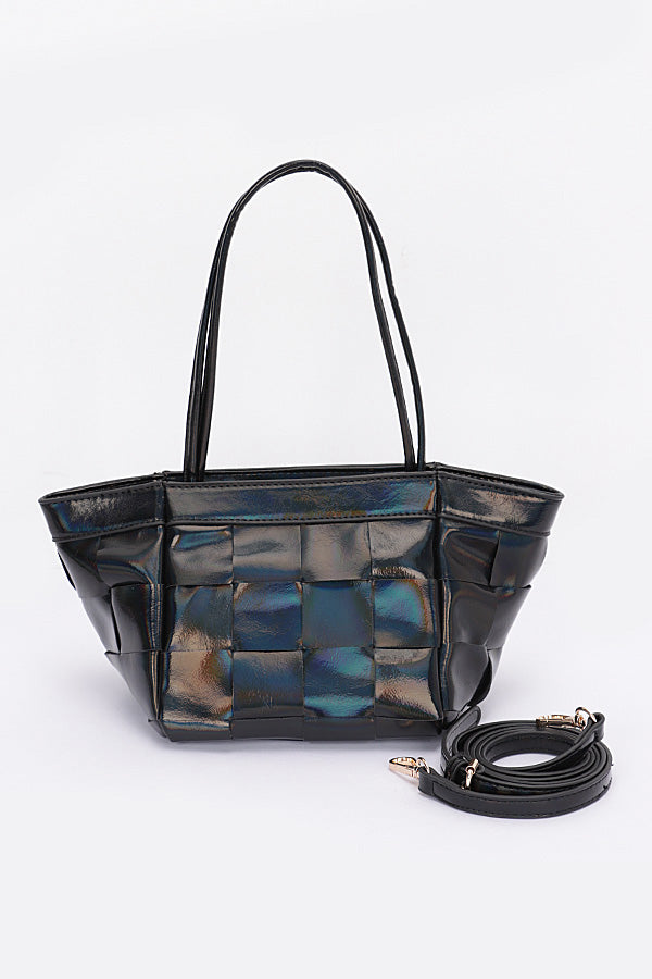 Set of 3 Stylish Black 9426 Faux Metallic Leather Tote Bags