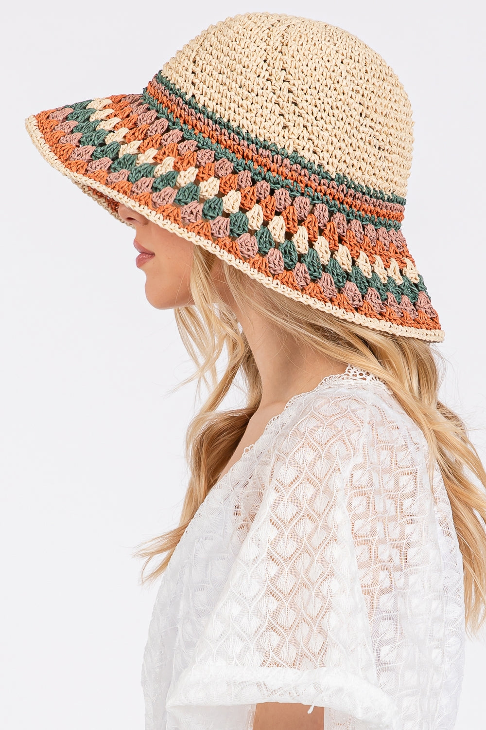 Six - Piece Set of Multicolored Rust - Toned Straw Bucket Hats