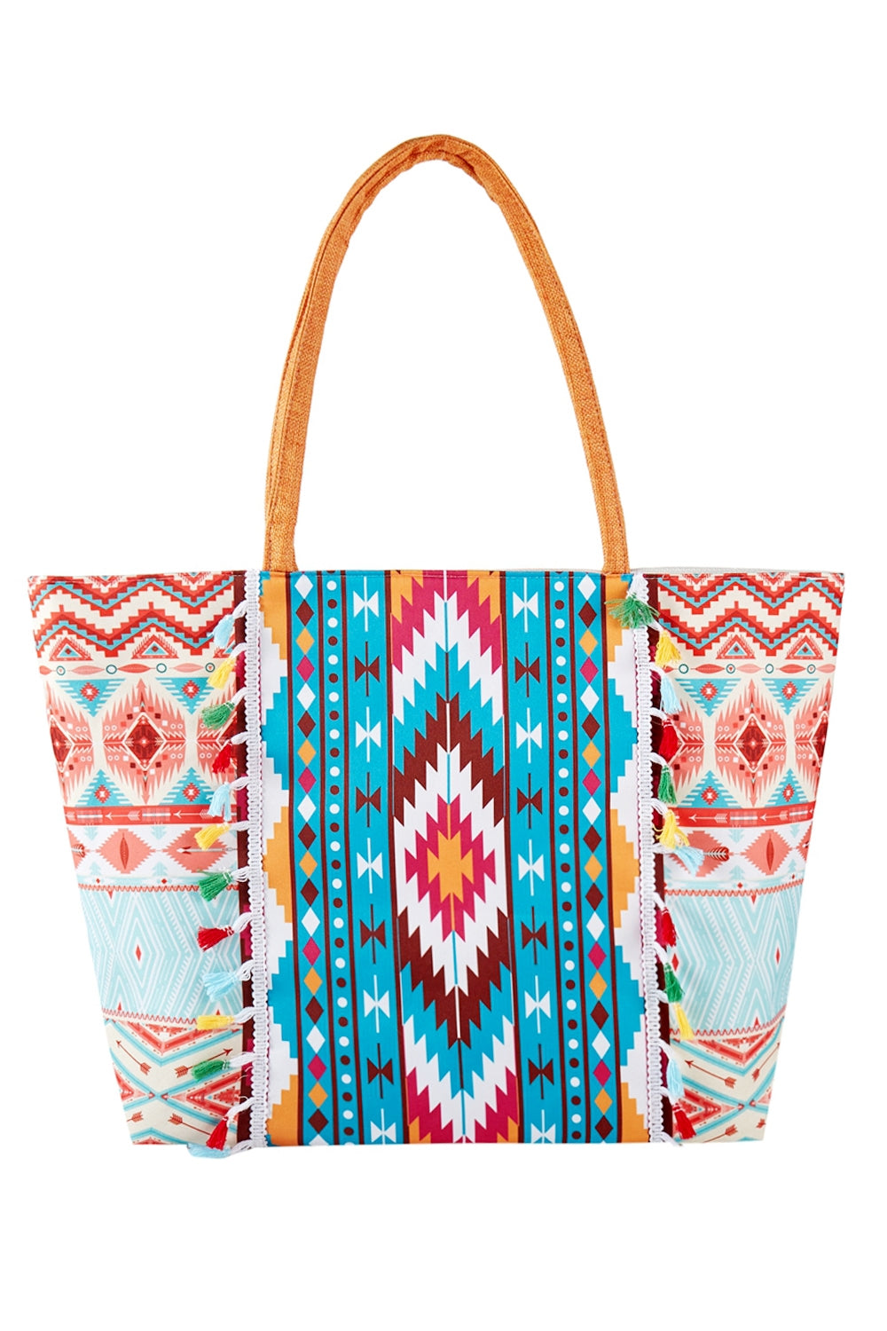 Pack of 6 Orange Bohemian Print Fringe Tote Bags with Zipper Closure and Inner Pocket