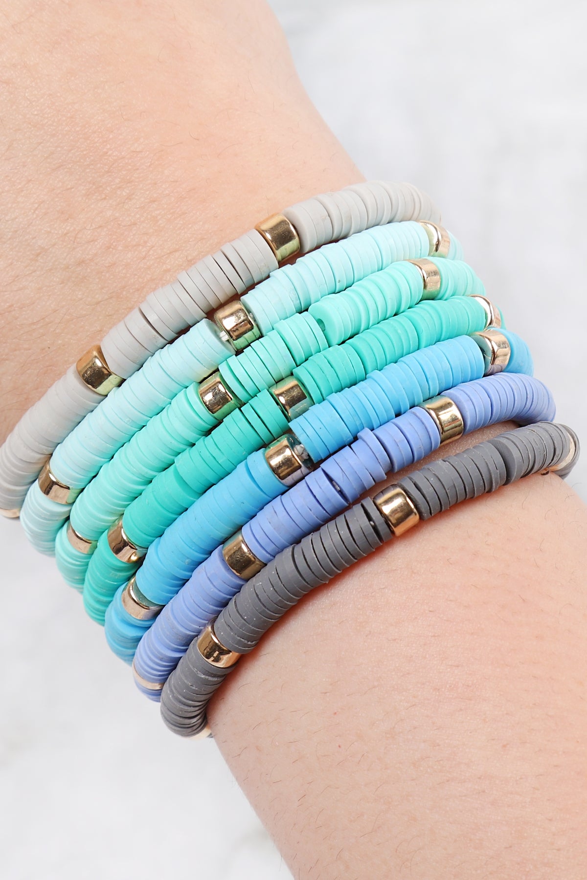 Pack of 6 Multi - Strand Leather Beaded Stretch Turquoise Bracelets