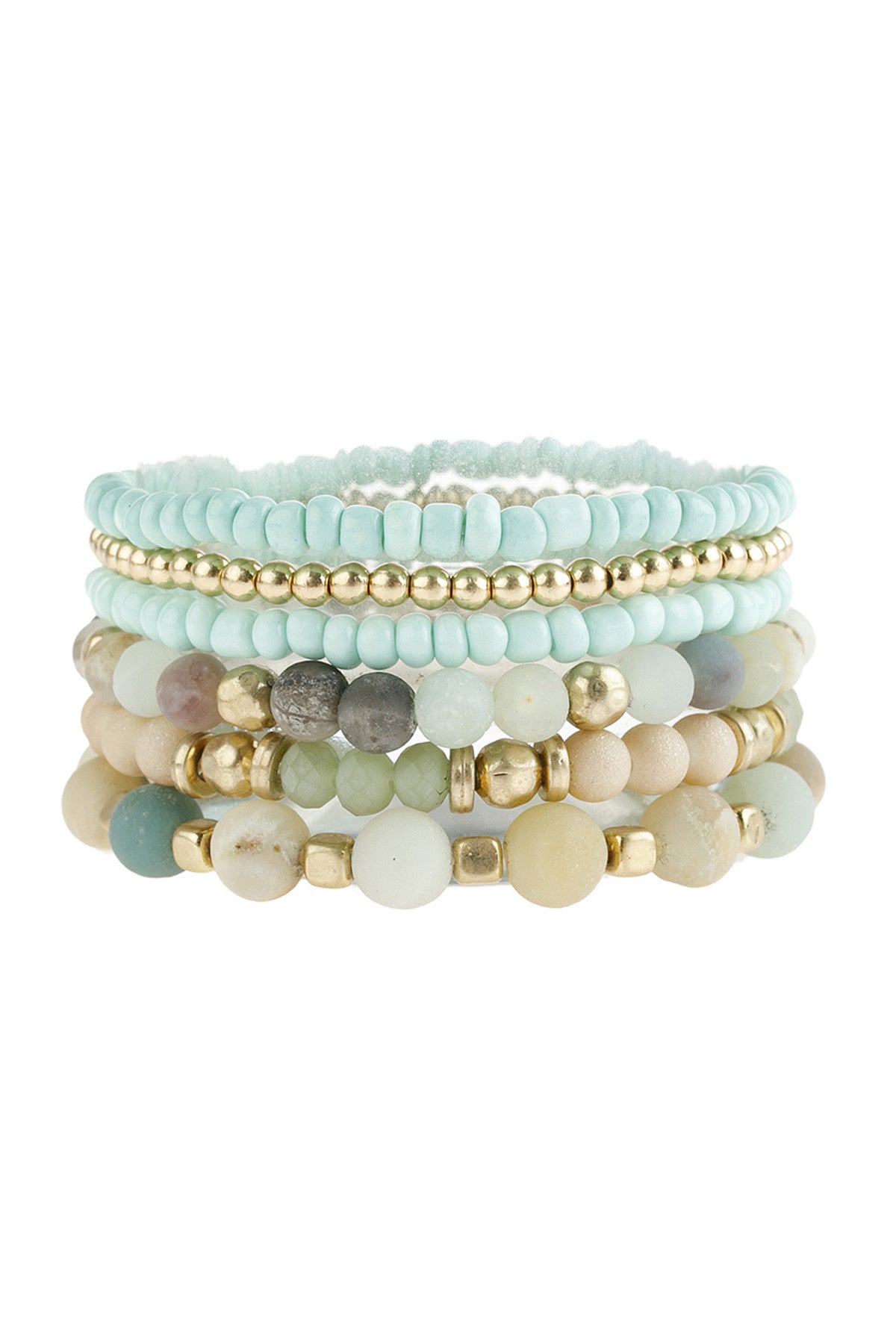 Set of 6 Stretchable Amazonite Natural Stone Mixed Bead Charm Bracelets