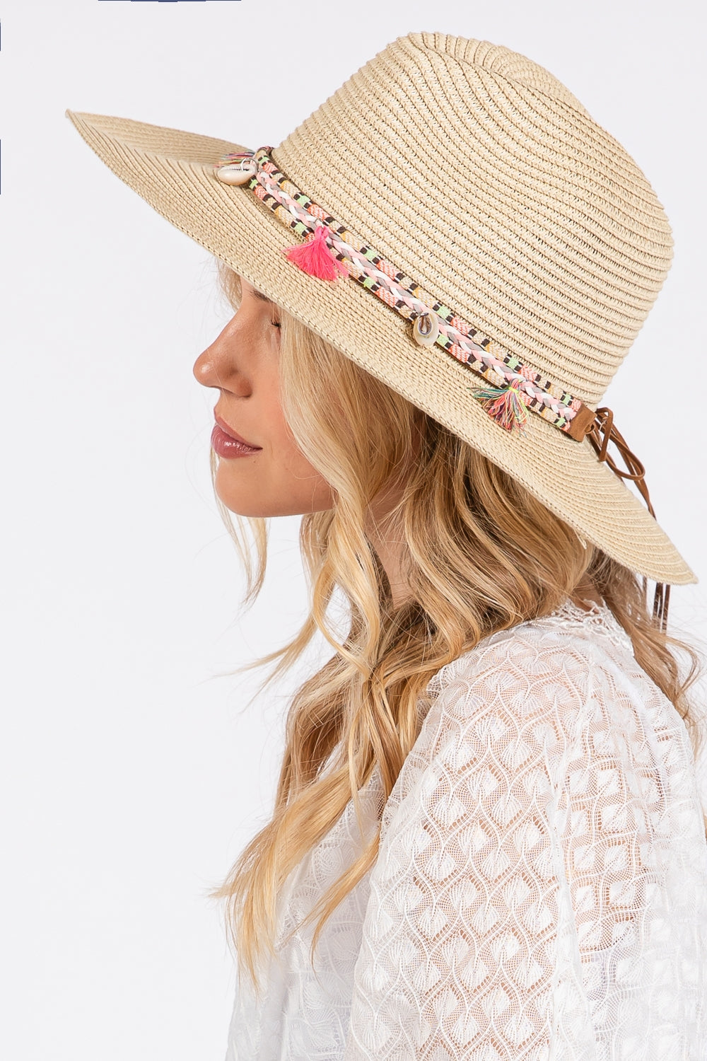 Beige Bohemian Tassel Banded Straw Sun Hats - Pack of Six