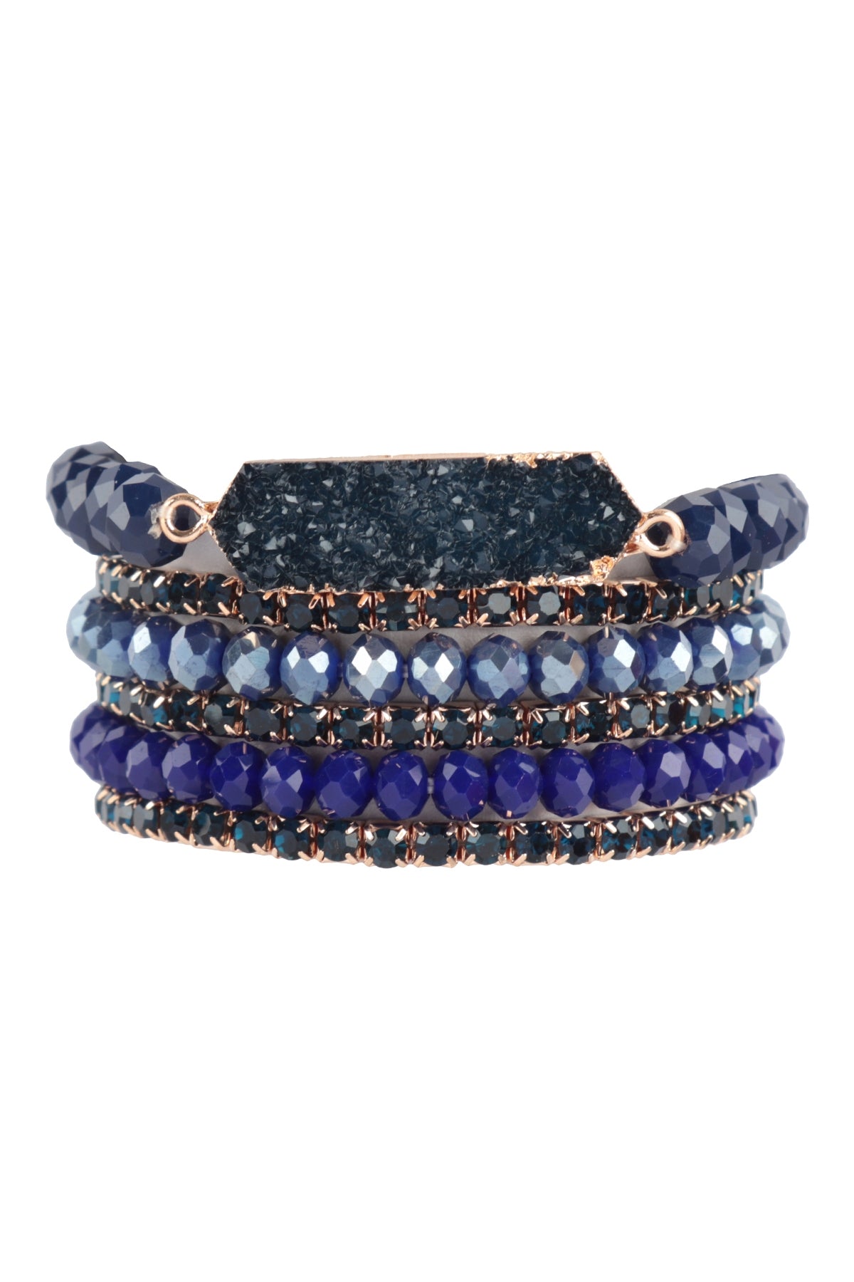 Navy Blue Stackable Bracelet Set of 6 with a Mix of Druzy, Rhinestone, and Rondelle Beads