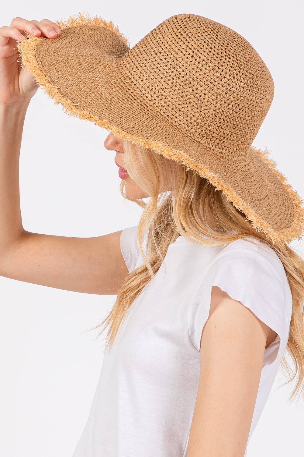 Taupe Frayed Edge Floppy Straw Hats - Set of 6