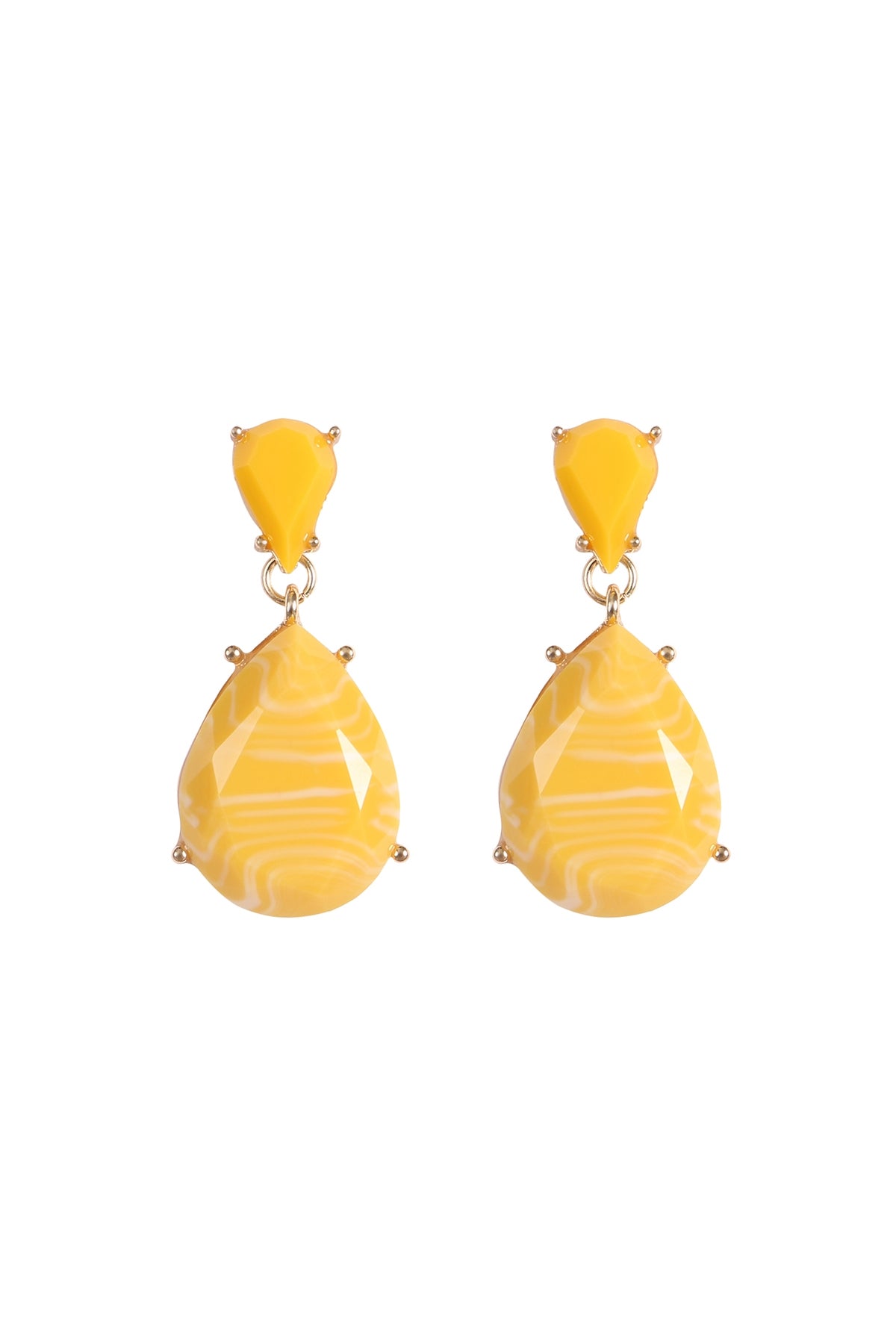 Set of 6 Gold - Yellow Double Teardrop Resin and Base Metal Stone Drop Earrings