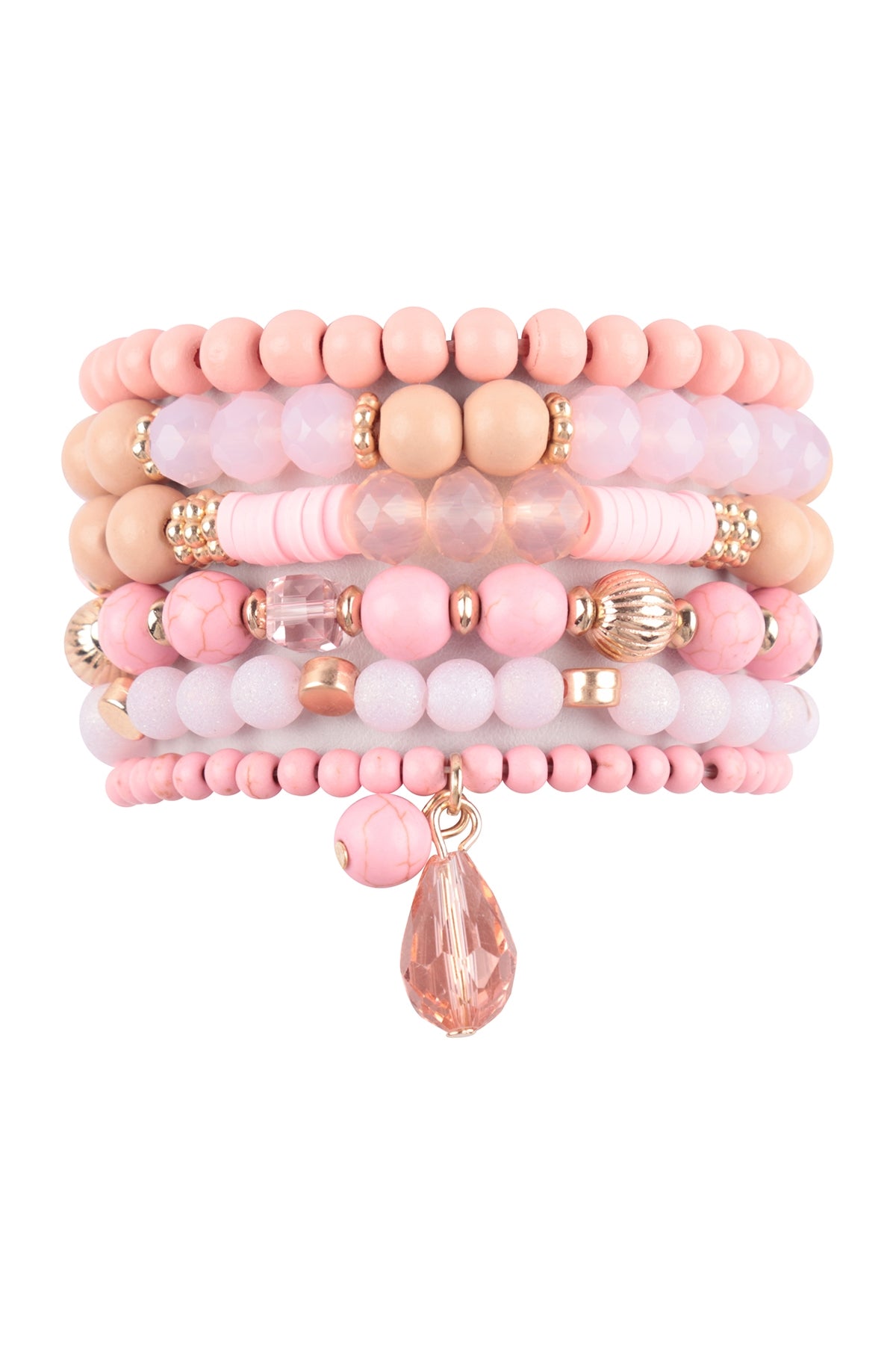 Set of 6 Pink Stretch Bracelets with Natural Stone and Wood Charms