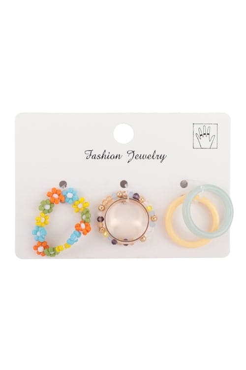Assorted Multicolor Flower Seed Bead Resin Ring Set - Pack of 6 with 5 Pieces per Set