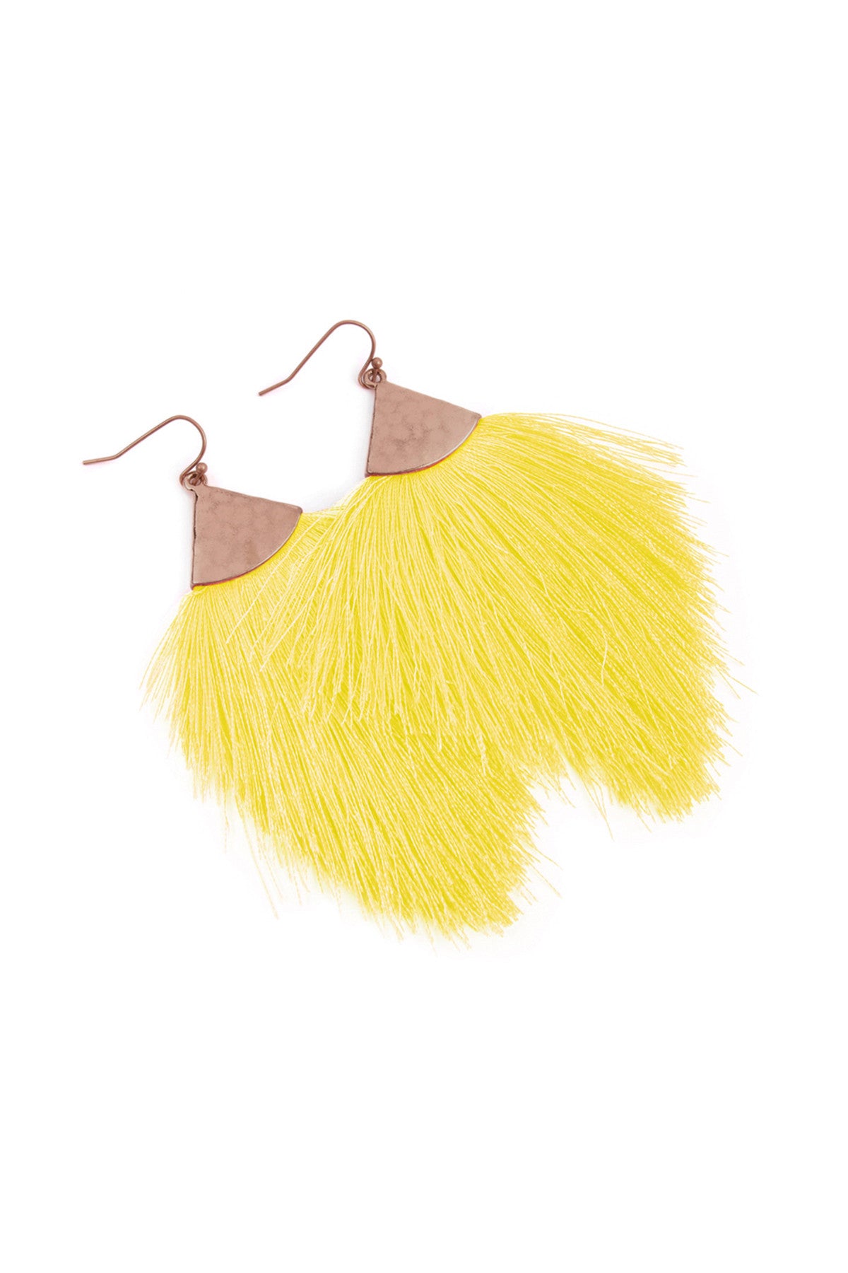 Set of 6 Yellow Tassel Earrings with Hammered Metal Hook and 3 - Foot Drop Length