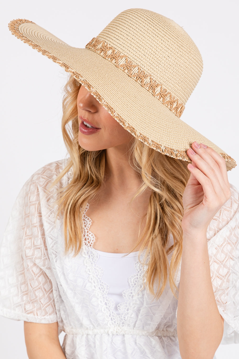 Beige Wide Brim Floppy Straw Hat with Edge and Woven Details - Pack of 6