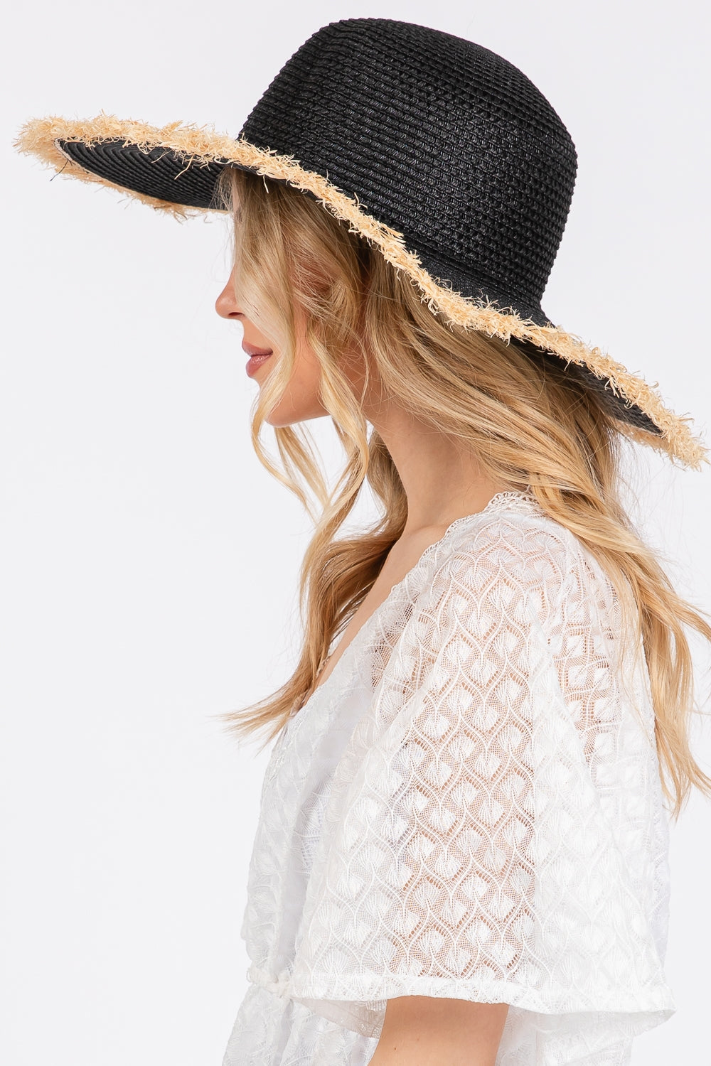 Pack of 6 Black Frayed Edge Soft Straw Hats