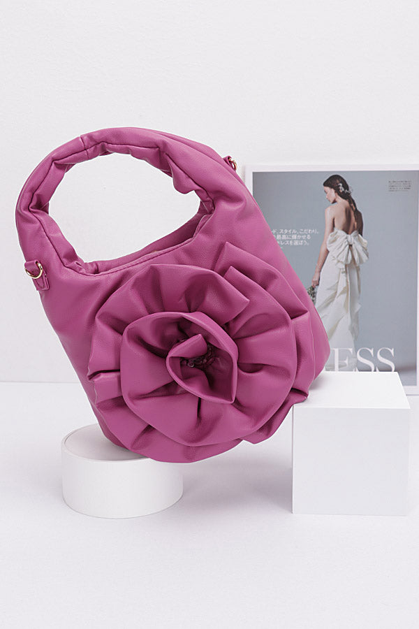 Pack of 3 Faux Leather Big Flower Handle Bags in Fuchsia Shade (Style 3916)