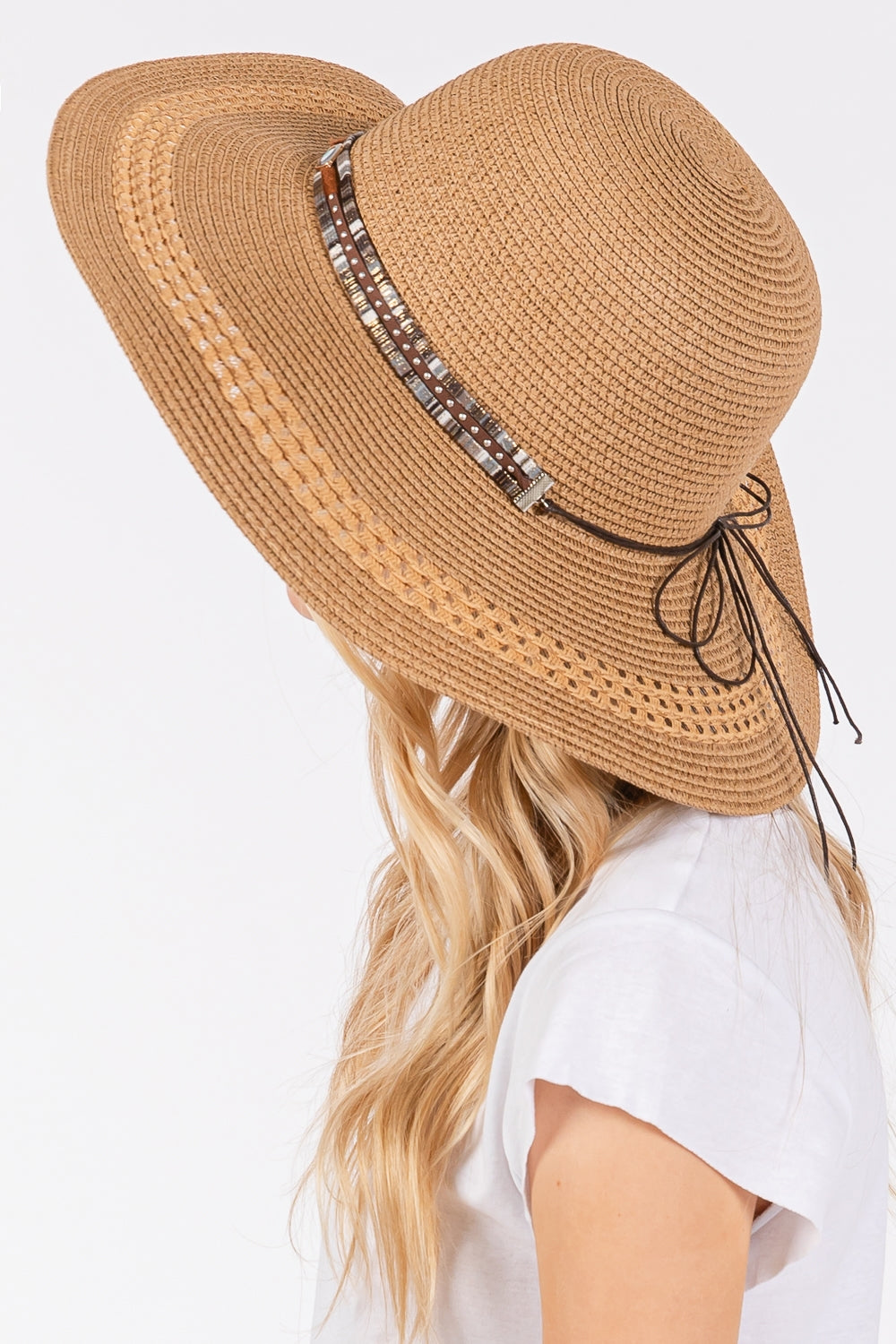 Fashionable Wide Brim Straw Hat with Evil Eye and Multi - Patterned Band in Taupe Color - Set of Six