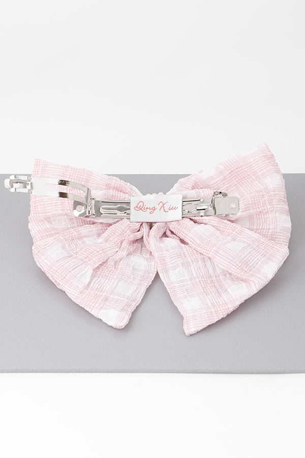 Set of 6 Plaid Pearl Ribbon Hair Clips in Pink 9668