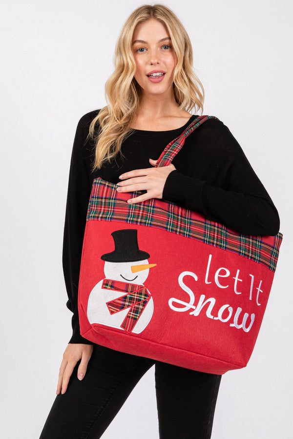 Set of 3 Festive Red 2620 Let It Snow Letter Snowman Christmas Tote Bags