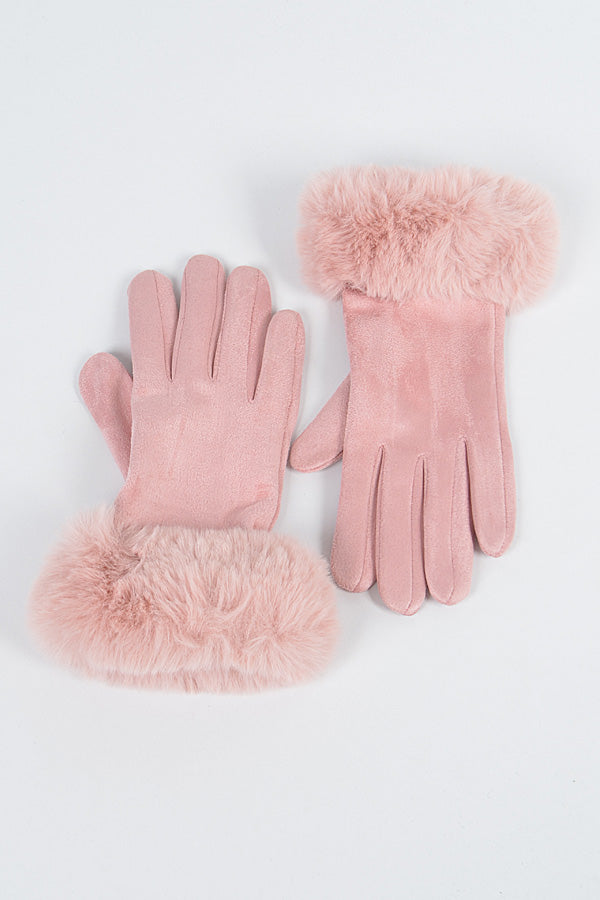 Set of 6 Faux Suede Gloves with Faux Fur in Pink Shade