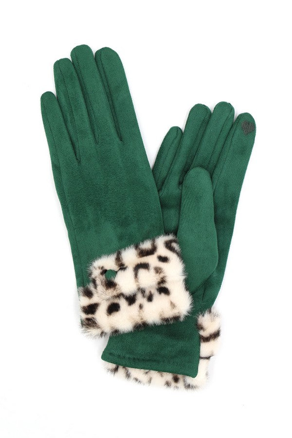 Pack of 6 - 4800 Green Leopard Faux Fur Cuff Smart Touch Gloves