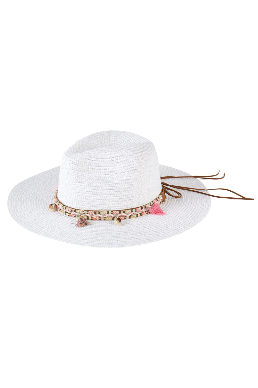 Bohemian Tassel Trimmed Straw Sun Hats in White - Set of Six