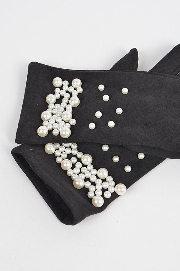 Pack of 6 Faux Suede Gloves with Imitation Pearl in Black Color - 1548 Model