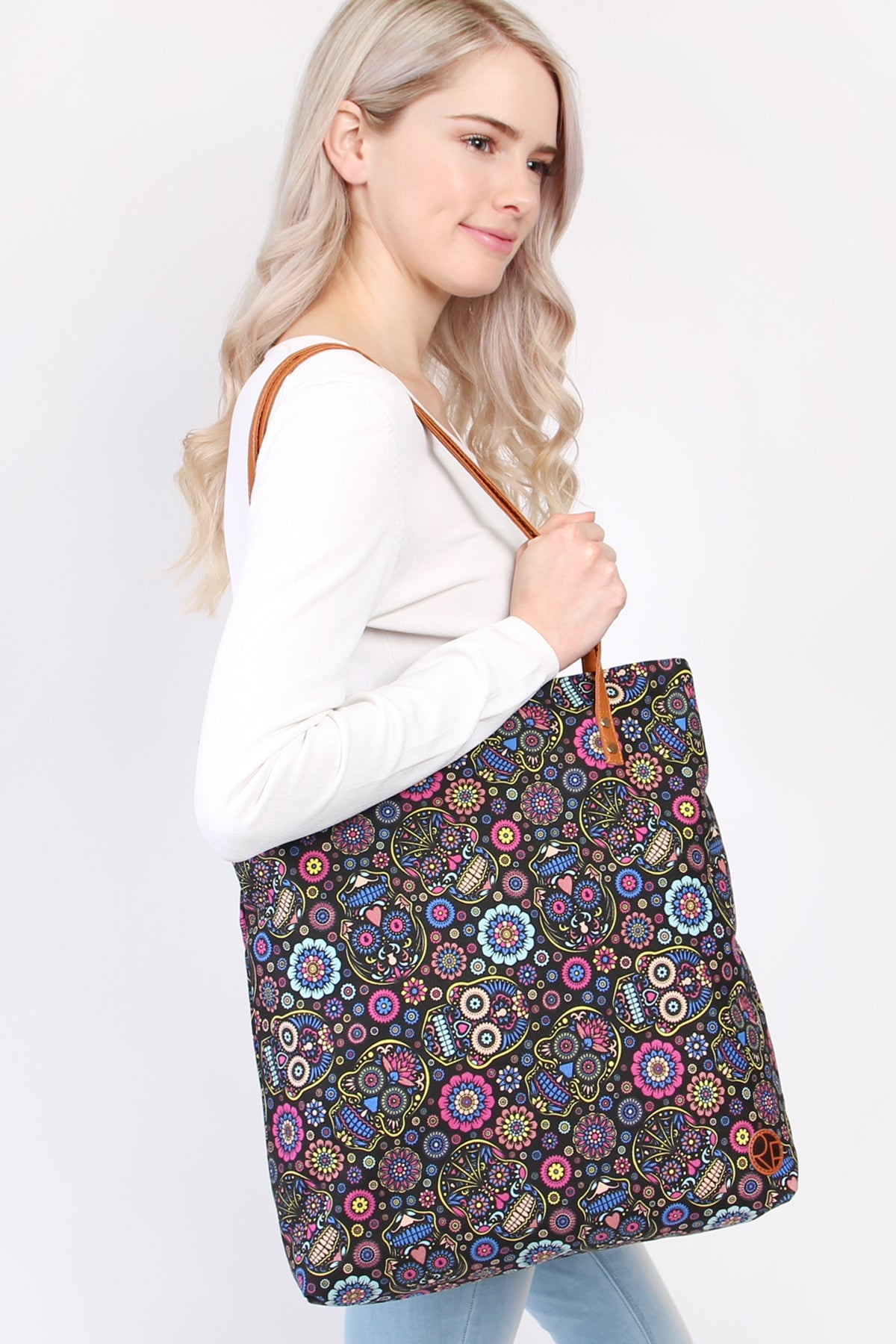 Set of 6 Black Skull Flower Printed Polyester Tote Bags