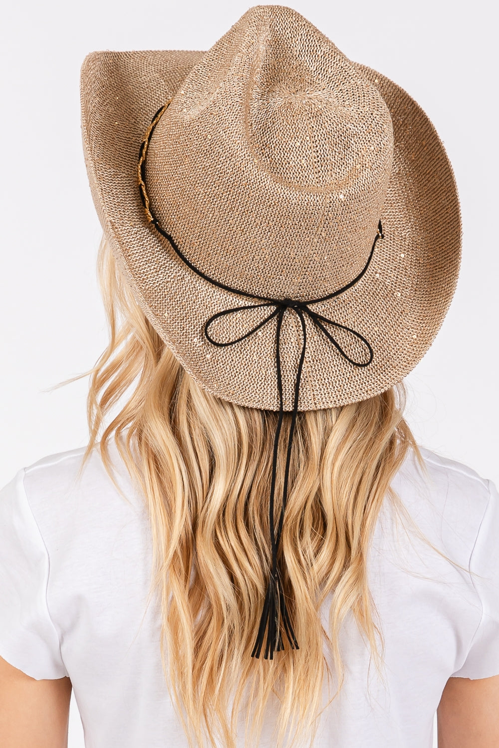 Pack of 6 Taupe Sequin Cowboy Hats with Metal Chain and Suede String Band