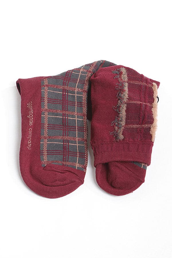 Stylish Burgundy Two - Toned Plaid Socks - Pack of 6