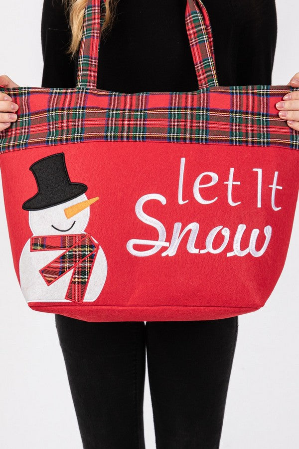 Set of 3 Festive Red 2620 Let It Snow Letter Snowman Christmas Tote Bags
