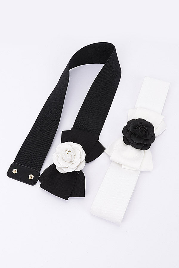 Pack of 6 Black 6778 Flower Bow Elastic Belts