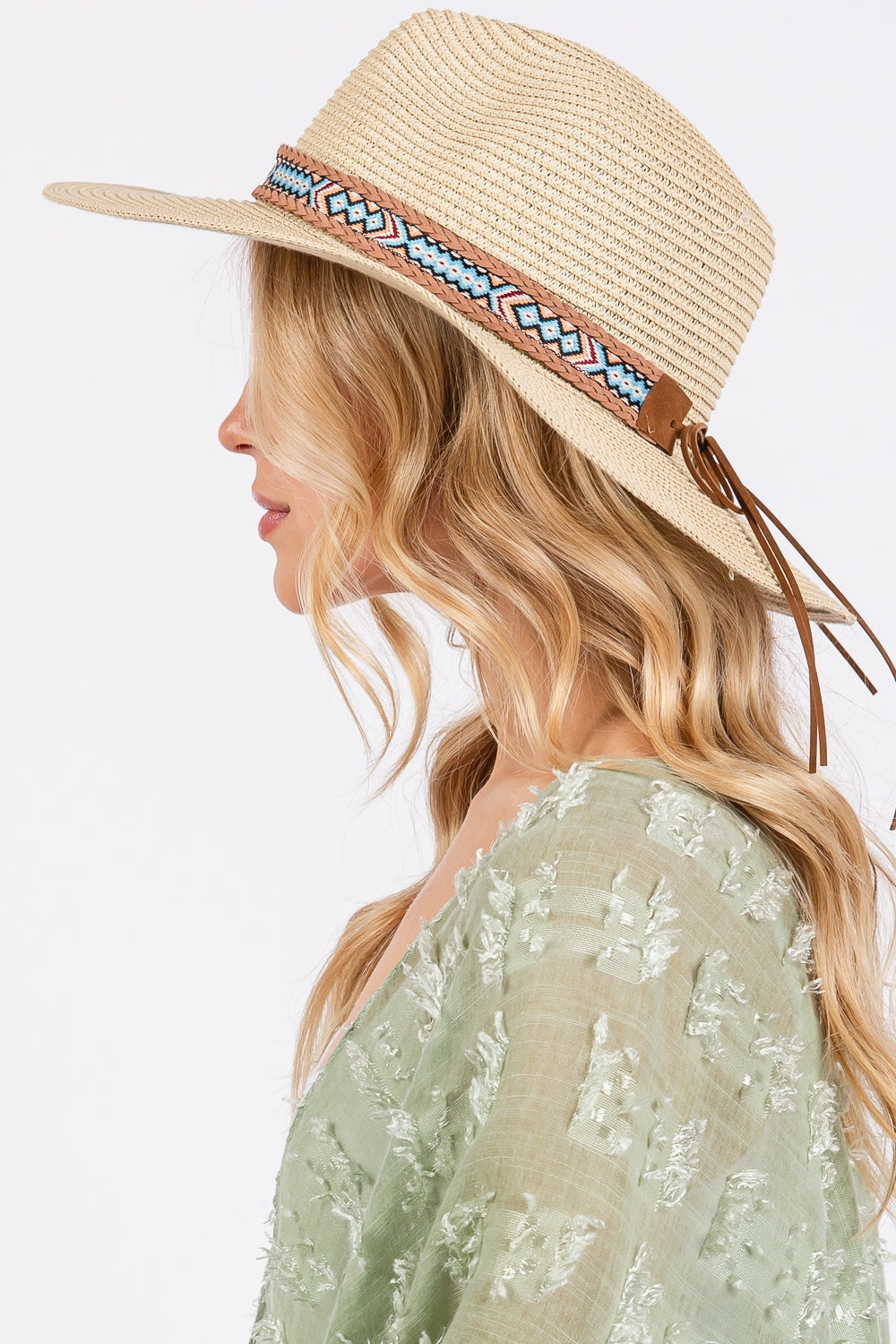 Set of 6 Beige Woven Boho Paper Straw Sun Hats