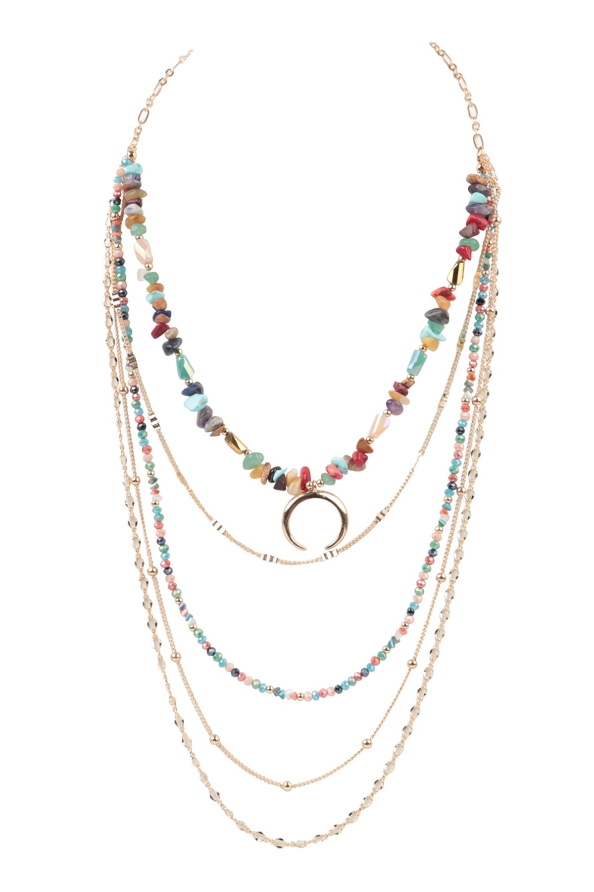 Multicolor Natural Stone Chip Mix Beads Layered Crescent Pendant Necklace - Set of 6