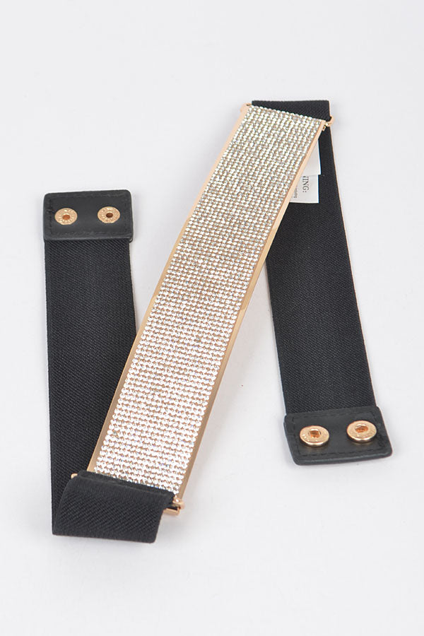 Set of 6 Rhinestone Metal Plate Elastic Belts in Black and Gold Color Scheme
