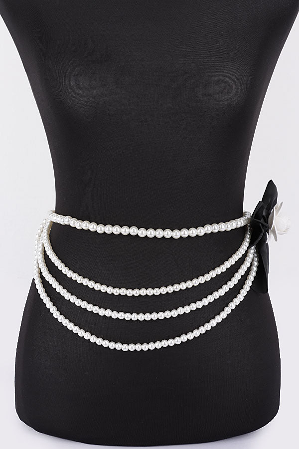 Pack of 6 Layered Faux Pearl Flower Ribbon Belts in Ivory Color - Style 5878