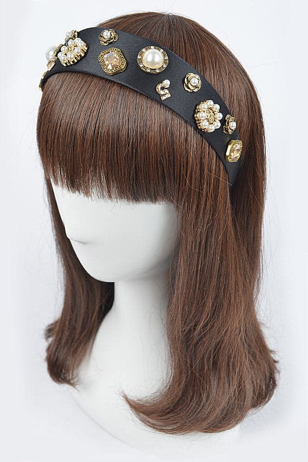 Set of 6 Black Plastic Hairbands 3112 with Imitation Gemstones