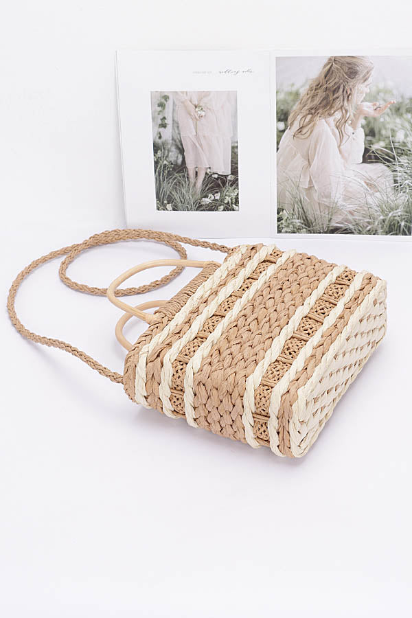 3-Piece Set of 2536 Khaki Faux Straw Two - Tone Tote Bags