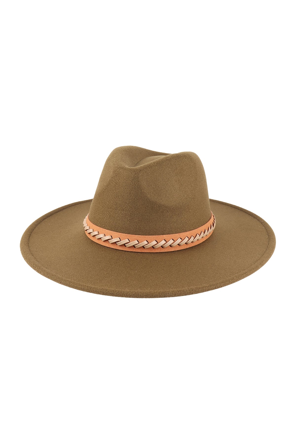 Fashionable Felt Brimmed Hat with Leather - Braided Design in Olive Color - Pack of Six Pieces