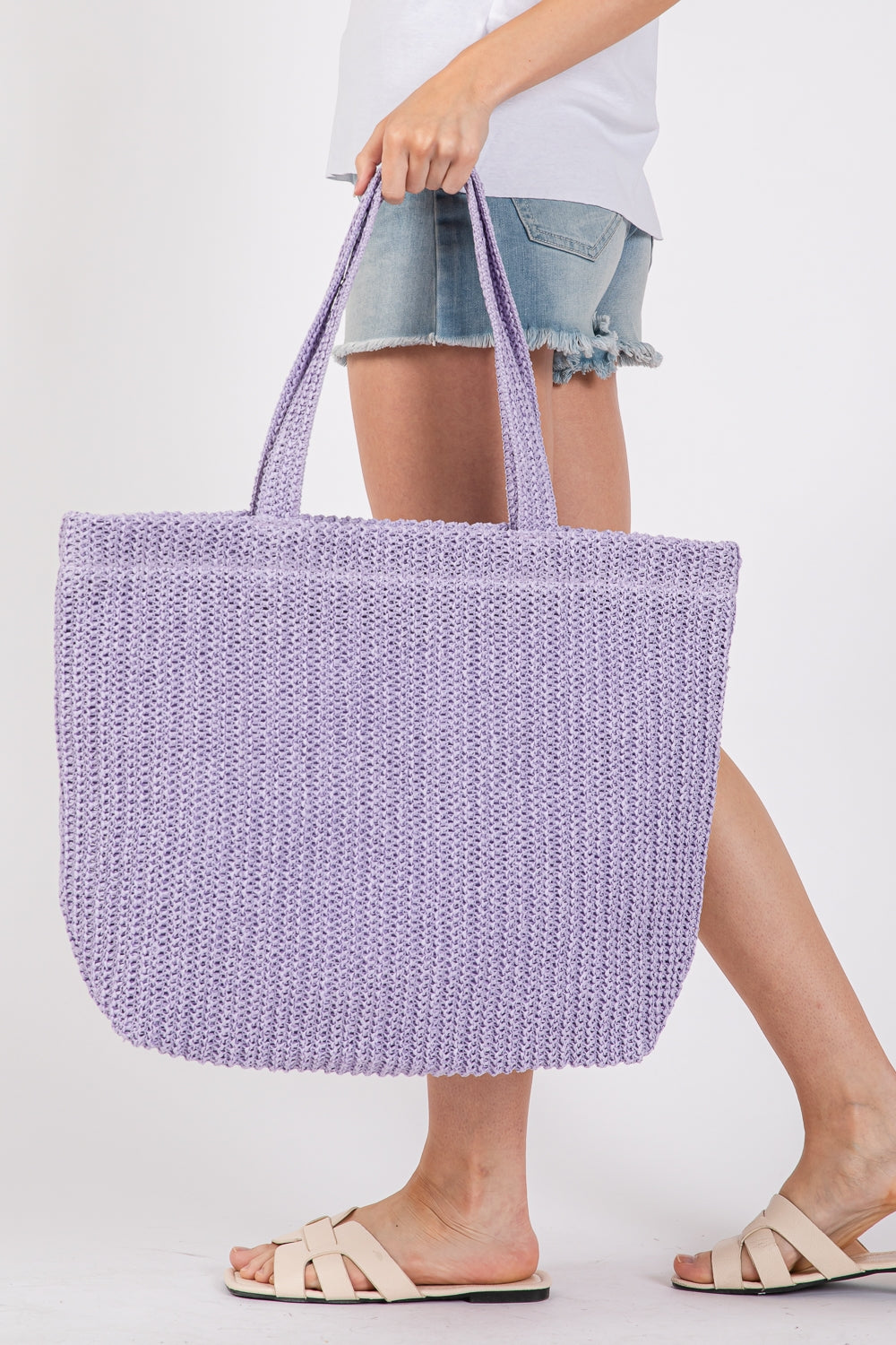 Purple Solid Crochet Straw Handbag with Zipper Closure and Inner Pocket - Set of 6