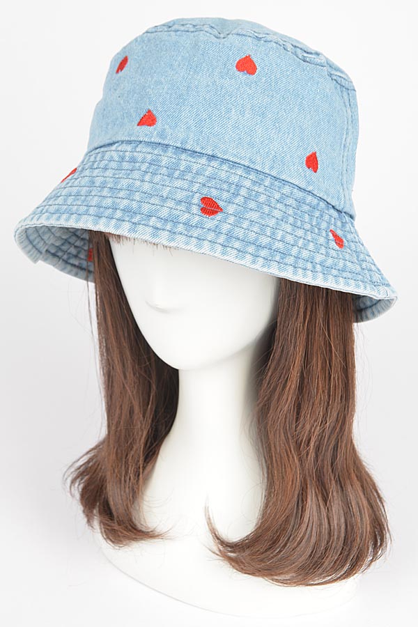 Pack of 6 Medium Blue Denim Heart Embroidery Bucket Hats