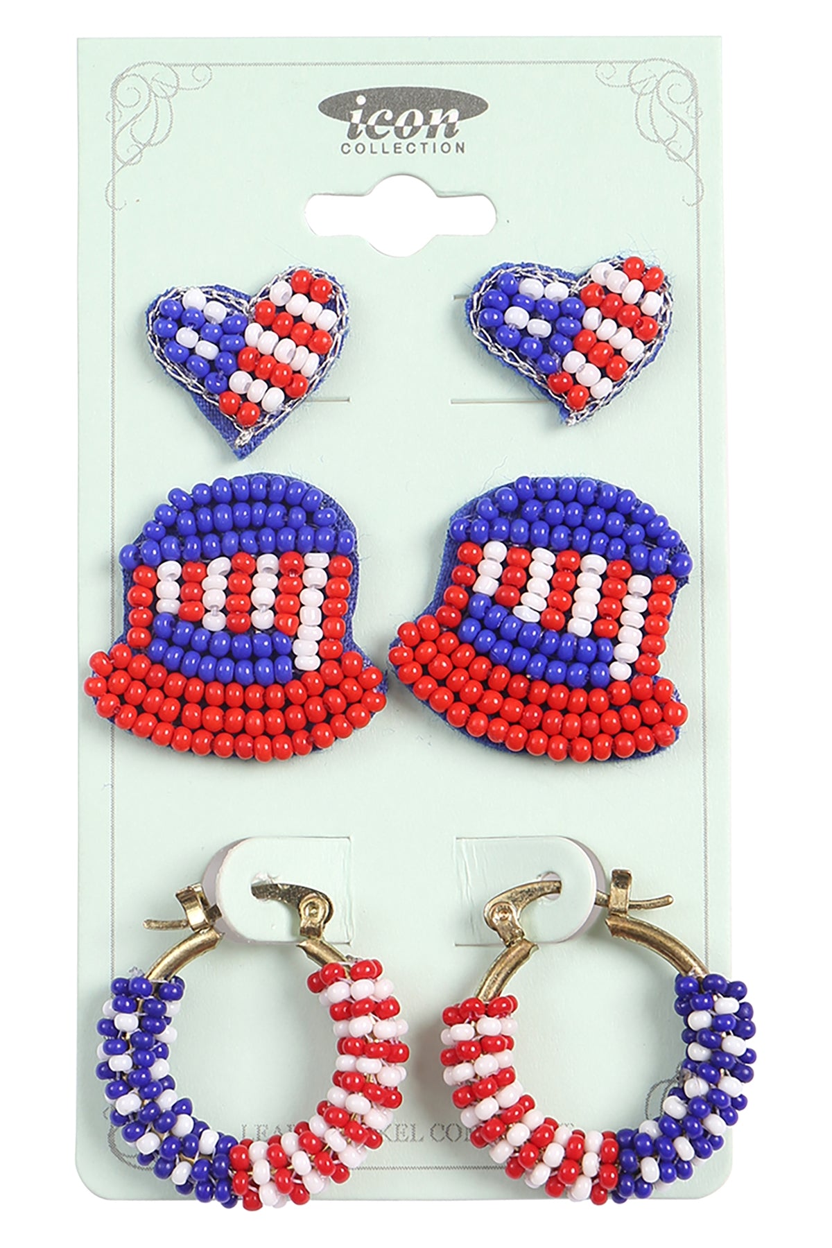 USA Patriot-themed Seed Bead Earrings - Heart and Hat Design, Pack of 6 Pairs