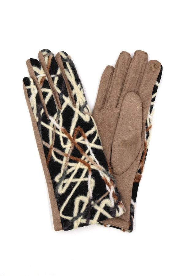 Pack of 6 Geometric Multi - Color Embroidered Smart Touch Gloves in Taupe 7800