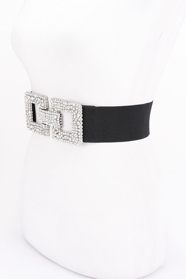 Pack of 6 Clear Gold Rhinestone Buckle Elastic Belts - 3638