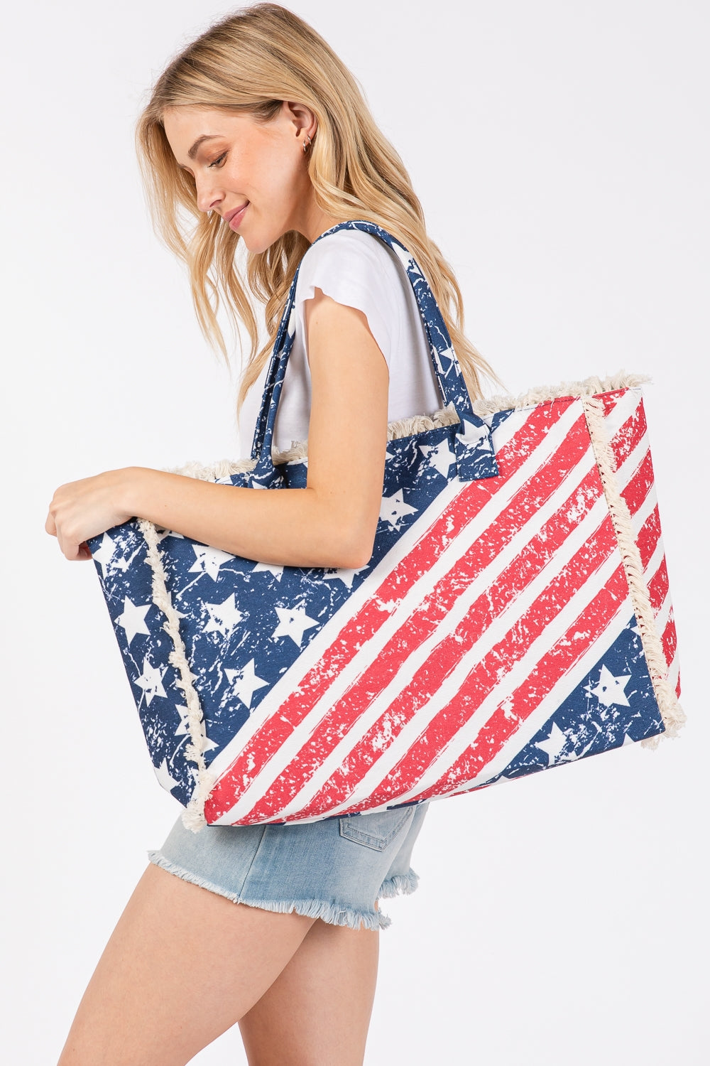 Pack of 6 American Flag Pattern Polyester Fringe Handbags with Magnetic Closure and Inner Pocket, USA Style