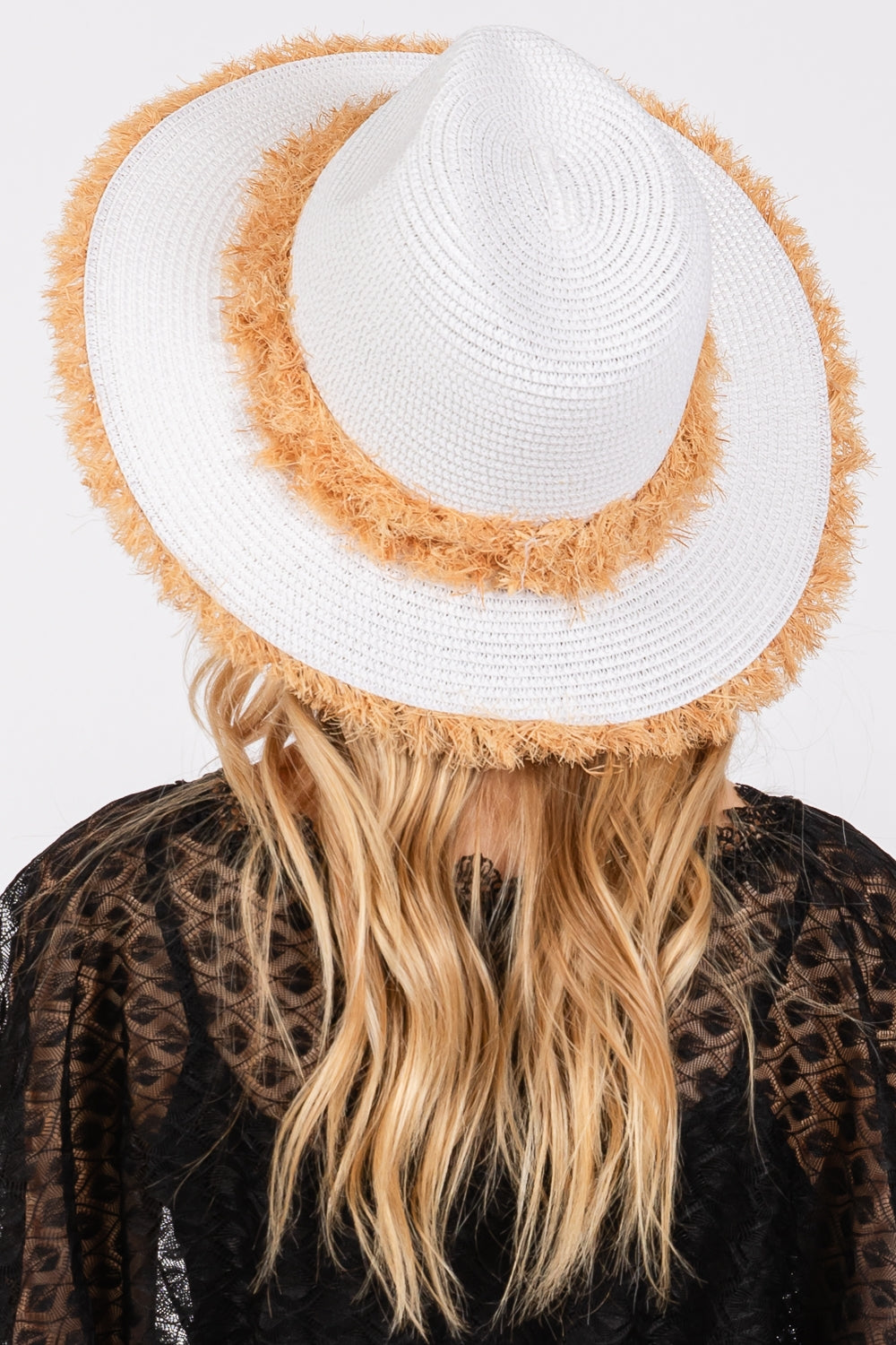 White Frayed Band and Trim Straw Sun Hats - Pack of 6