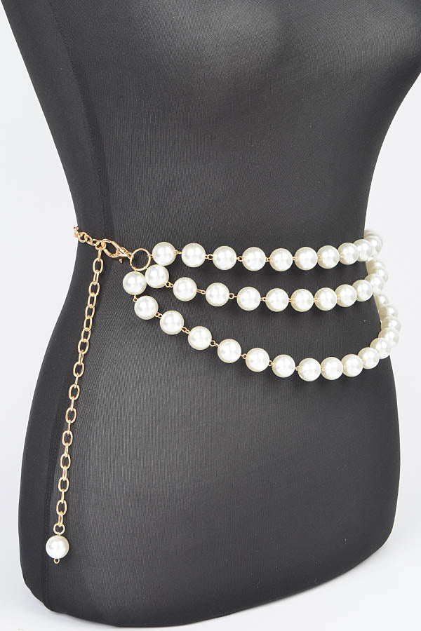 Pack of 6 Cream Gold 4178 Multi - Layered Pearl Chain Belts