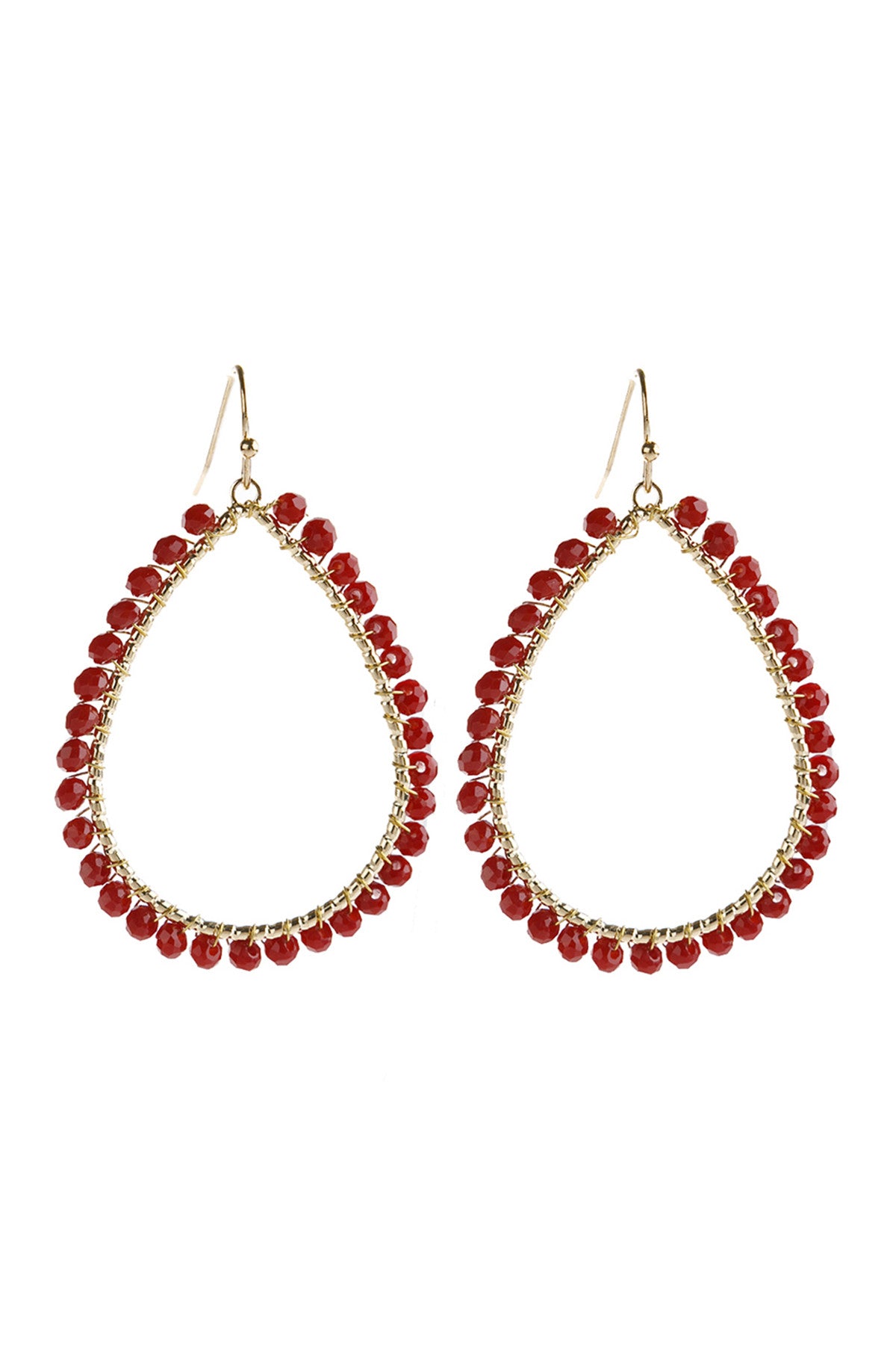 Set of 6 Burgundy Wire Teardrop Hook Earrings with Glass Beads