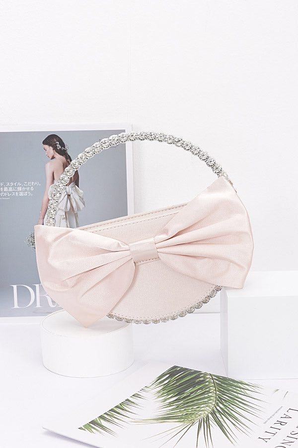 Pack of 3 Satin Ribbon Round Rhinestone Metal Clutches in Light Pink
