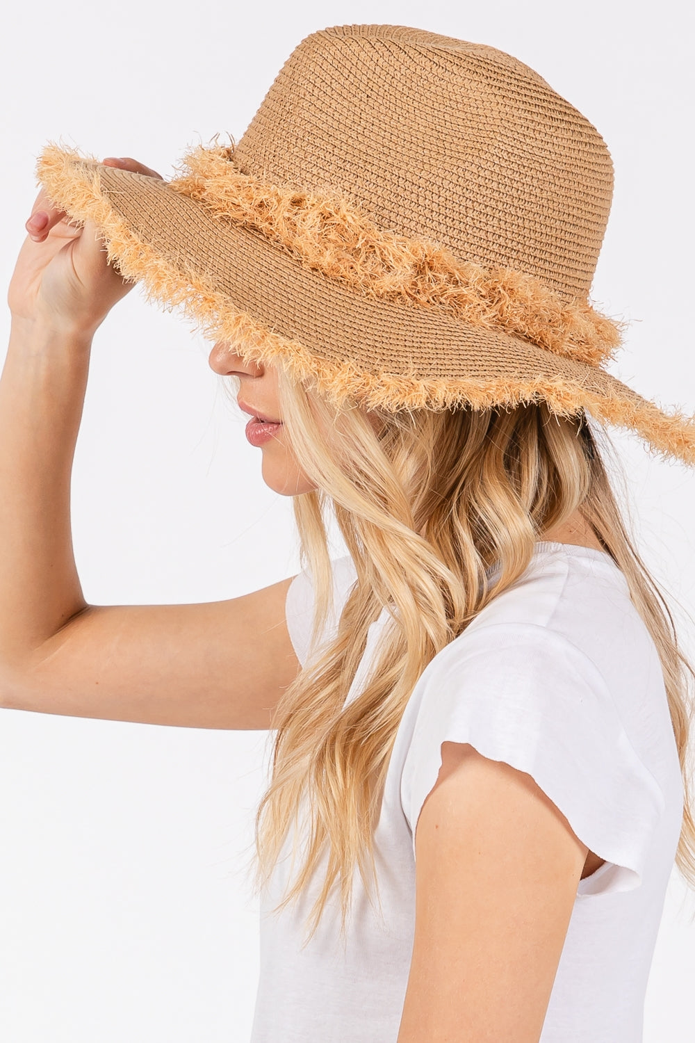 Taupe Frayed Band and Trim Straw Style Sun Hat - Set of 6 for Outdoor Wear