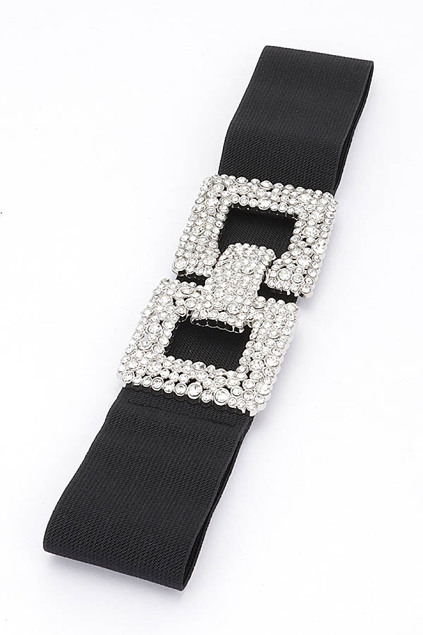 Pack of 6 Clear Gold Rhinestone Buckle Elastic Belts - 3638